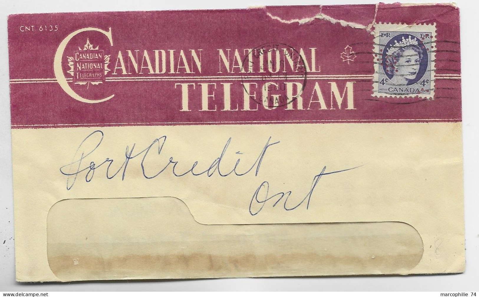 CANADA 4C ELISABETH PERFORE PERFIN LETTRE COVER CANADIA NATIONAL TELEGRAM CRECIT ONTARIO 1960 - Perfins