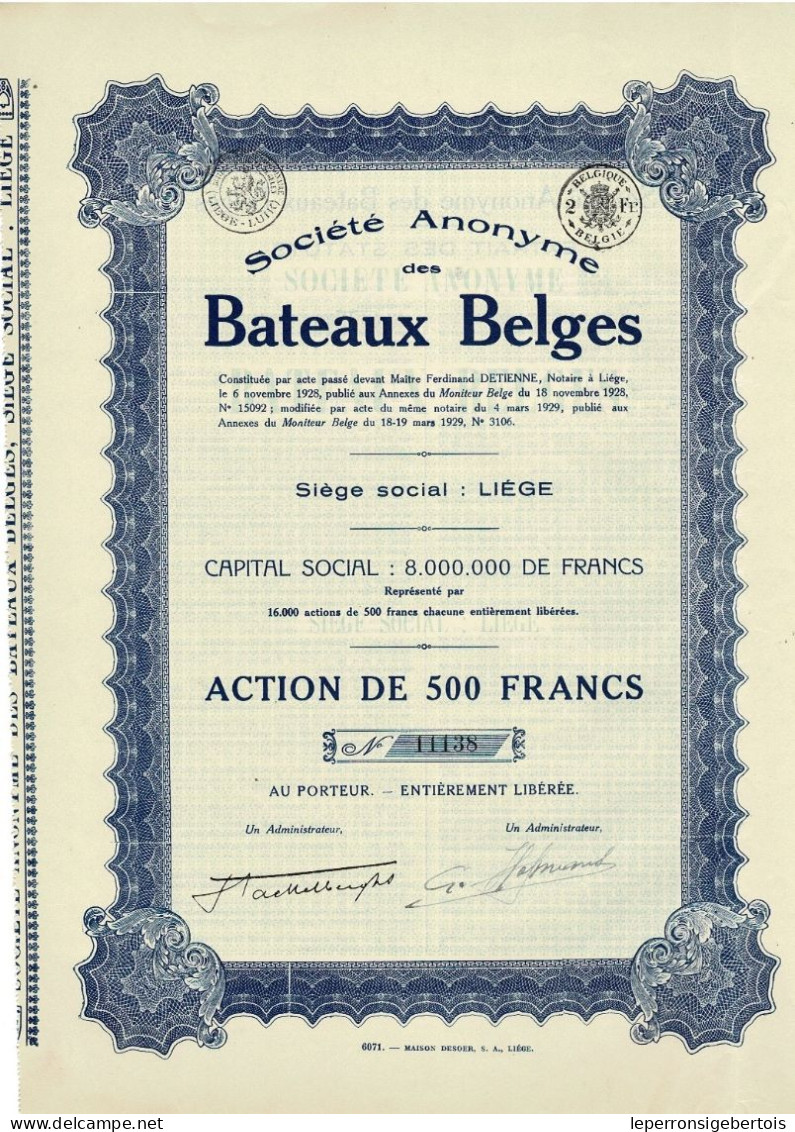 Titre De 1929 - Société Anonyme Des Bateaux Belges - Schiffahrt