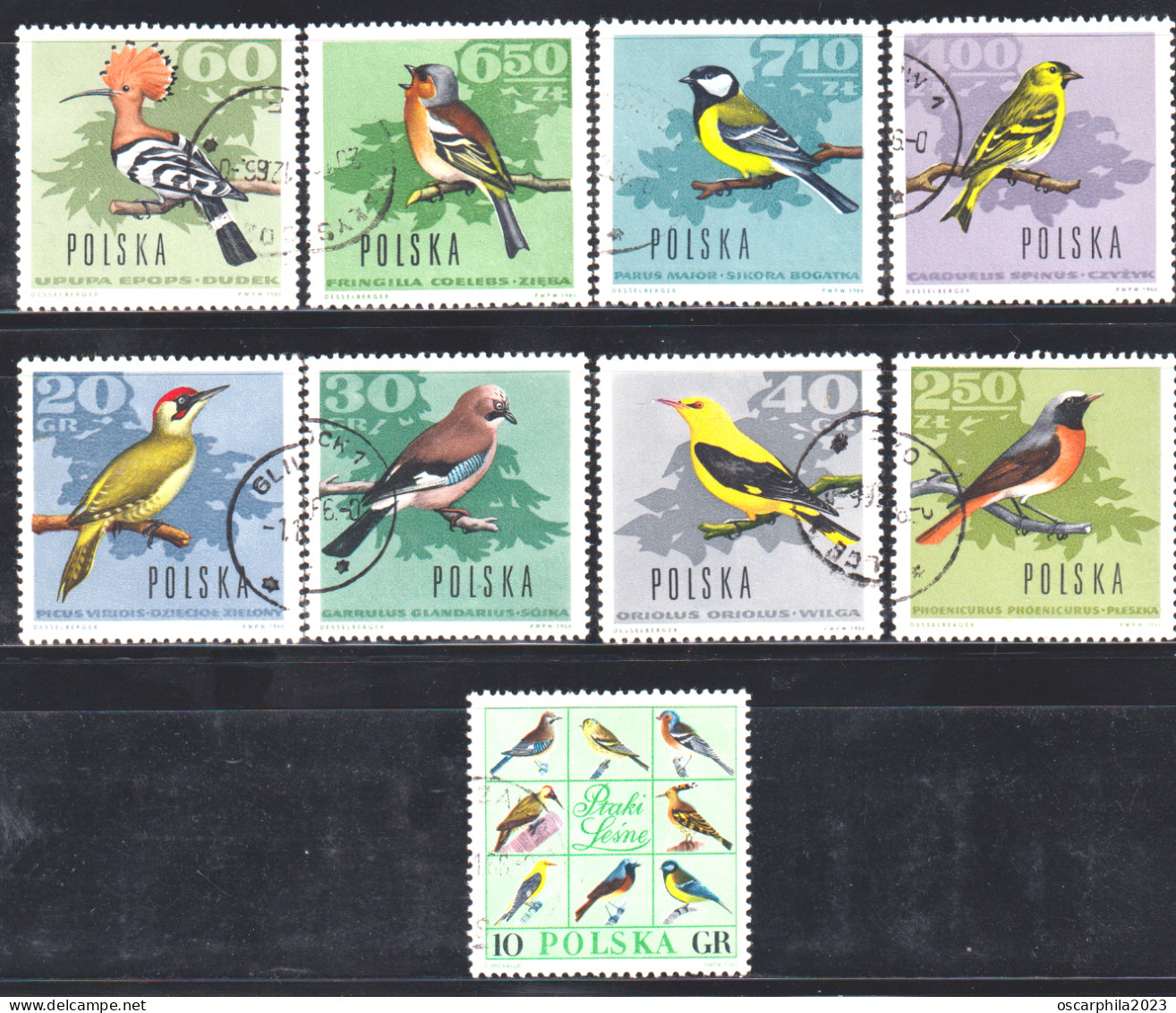 Pologne - 1966 - Série Compléte Des Oiseaux N° 1568 à 1576 - Obli 9 V - Werbestempel