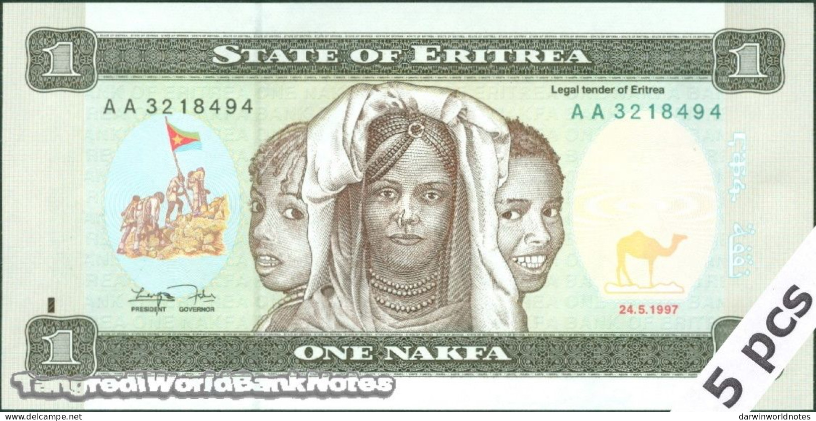 DWN - ERITREA P.1 - 1 Nakfa 1997 UNC - Prefix AA - DEALERS LOT X 5 - Eritrea