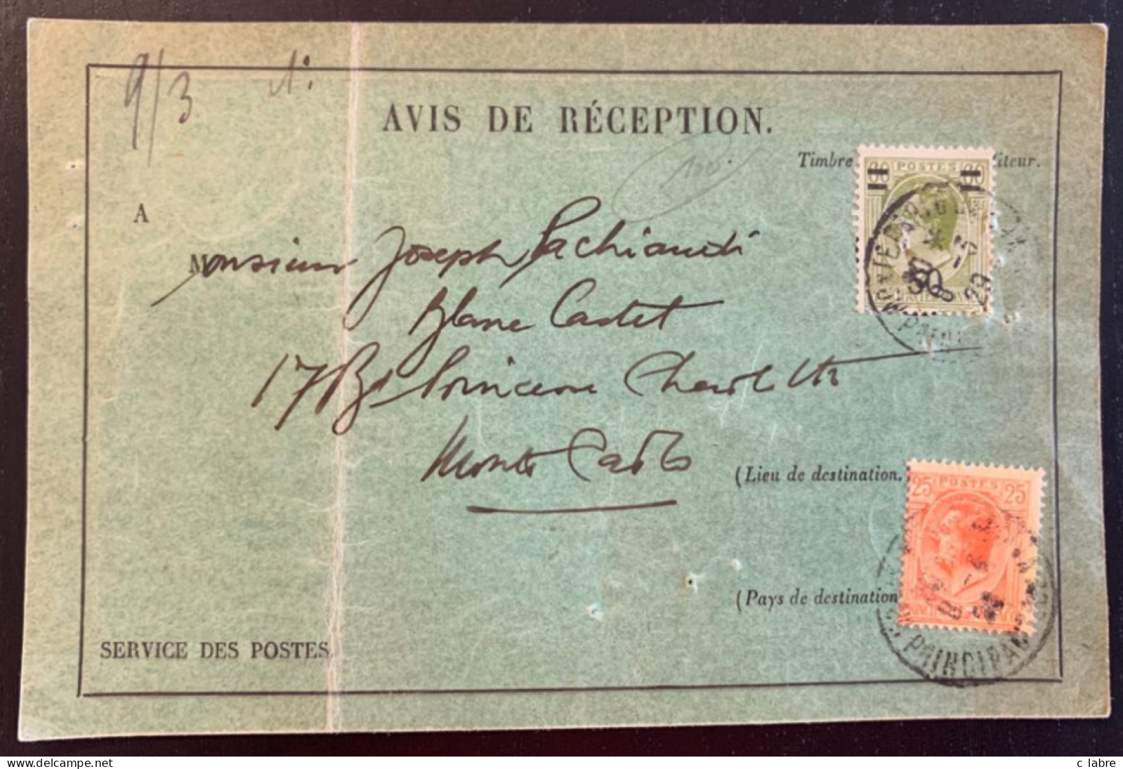 MONACO : 1929 . AVIS DE RECEPTION DES POSTES . AFFRT A 75CTS - Postmarks