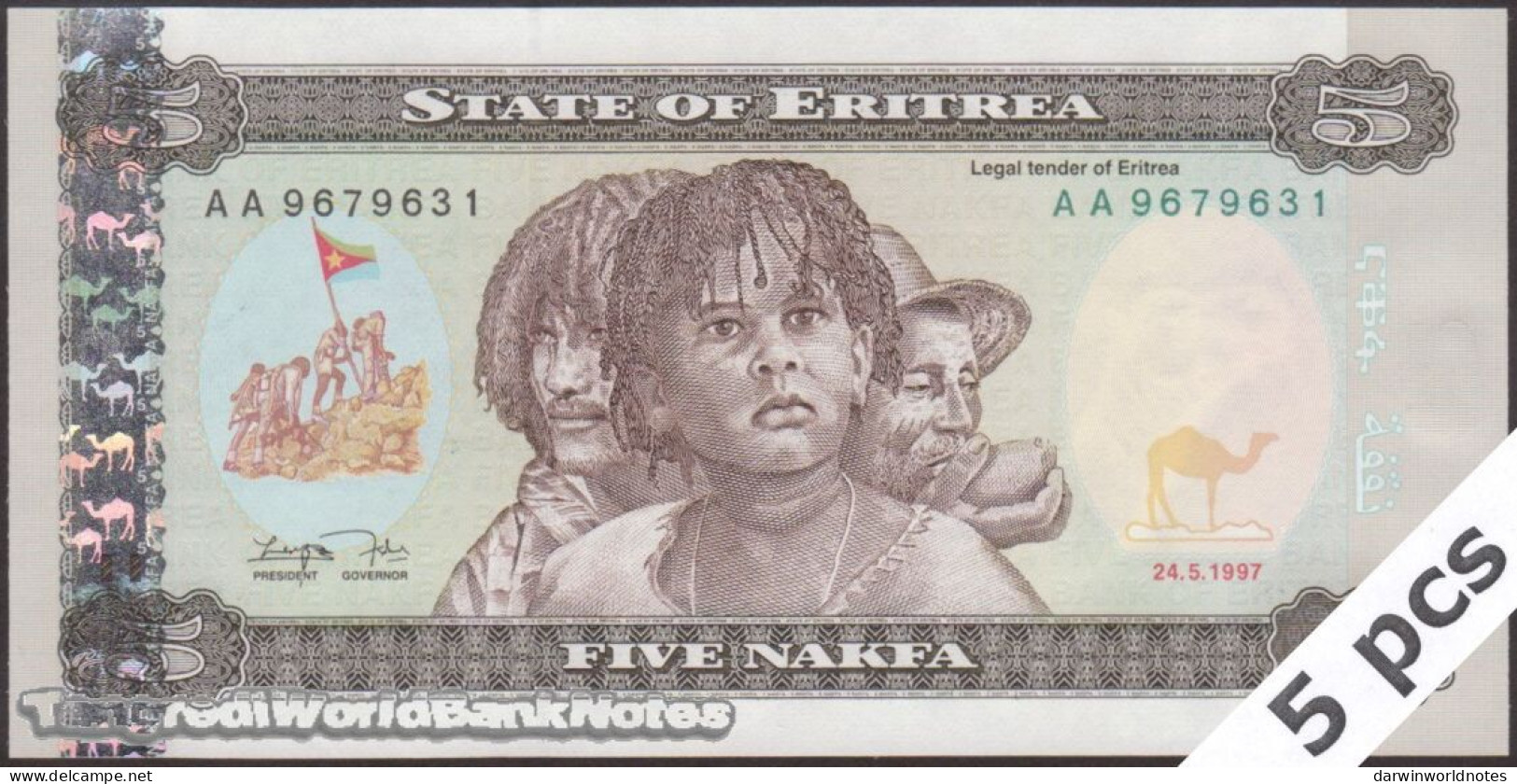 DWN - ERITREA P.2 - 5 Nakfa 1997 UNC - Prefix AA - DEALERS LOT X 5 - Eritrea