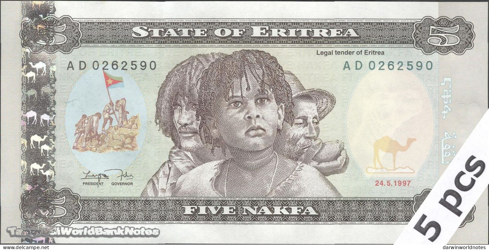 DWN - ERITREA P.2 - 5 Nakfa 1997 UNC - Various Prefixes - DEALERS LOT X 5 - Eritrea