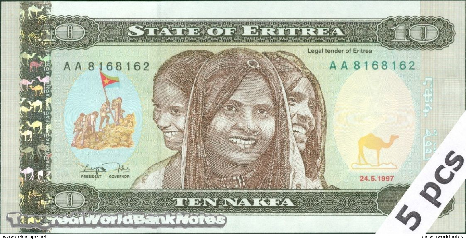 DWN - ERITREA P.3 - 10 Nakfa 1997 UNC - Prefix AA - DEALERS LOT X 5 - Eritrea