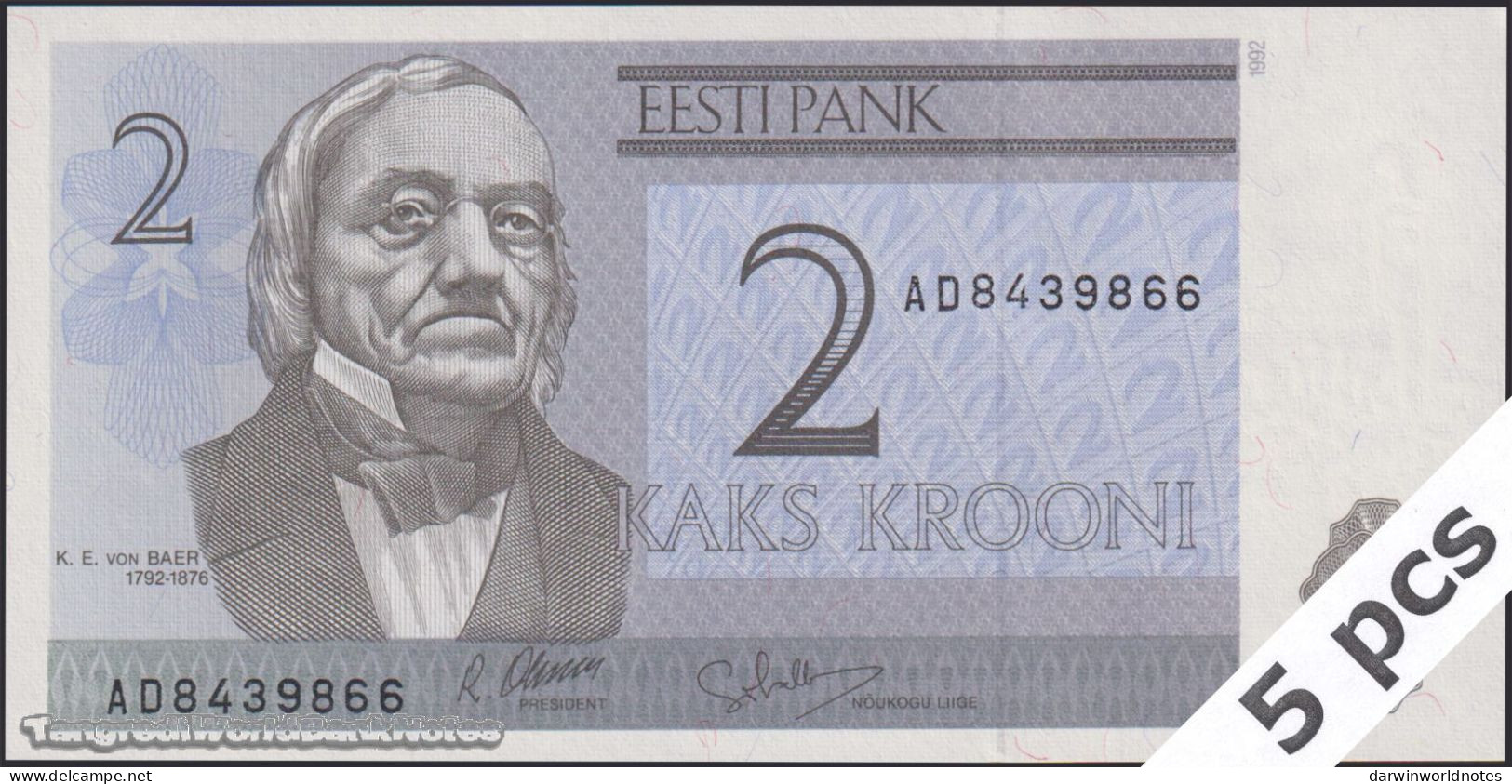 DWN - ESTONIA P.70a - 2 Krooni 1992 UNC - Various Prefixes TONED - DEALERS LOT X 5 - Estonia