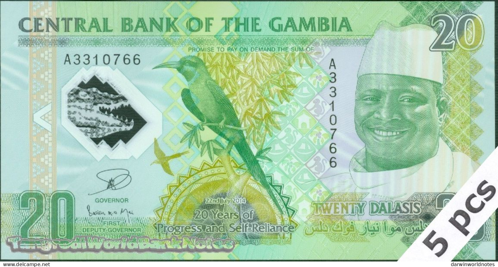 DWN - GAMBIA P.30 - 20 Dalasis 2014 UNC Polymer - Various Prefixes - DEALERS LOT X 5 - Gambie