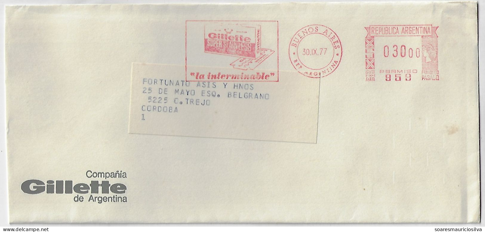 Argentina 1977 Cover From Buenos Aires To Obispo Trejo Meter Stamp Hasler F66/F88/Mailmaster Slogan Gillete Razor Blade - Brieven En Documenten