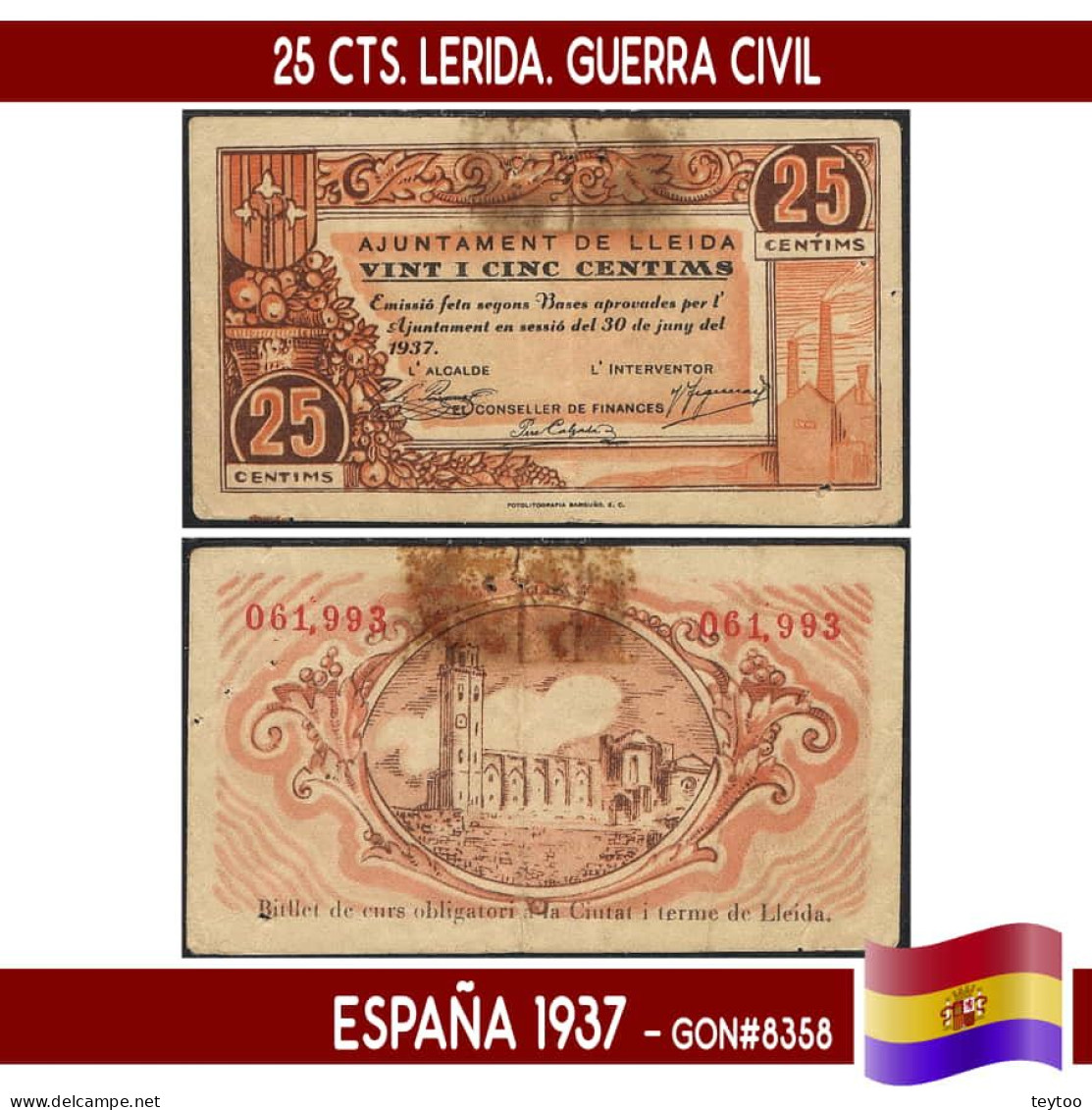 C0485.1# España 1937. 25 Cts. Lérida (VG) GON#8358 - Altri & Non Classificati