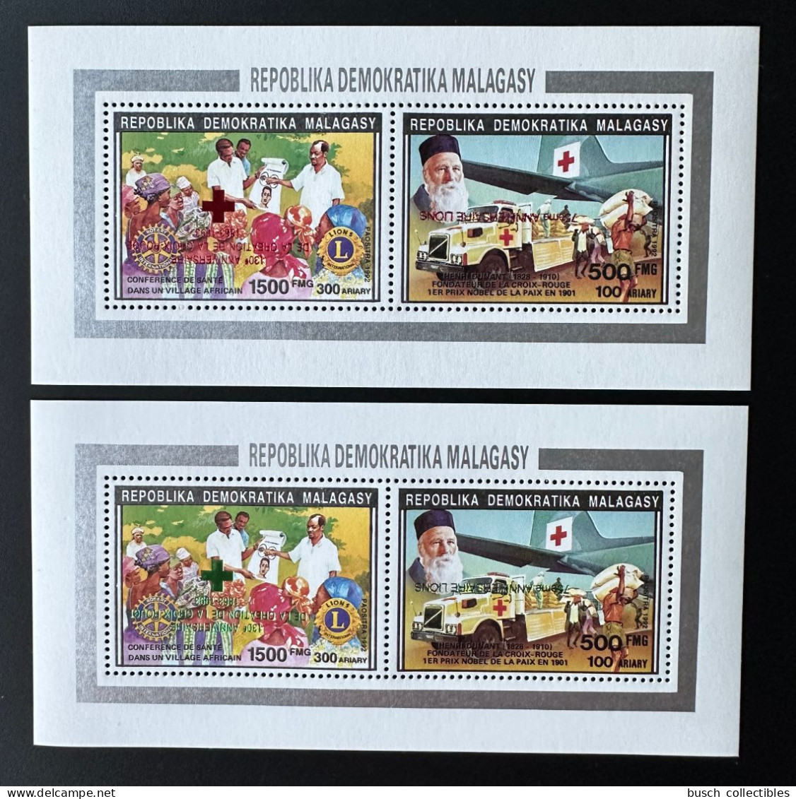 Madagascar Madagaskar 1993 INVERTED Red Green Overprint Red Cross Henri Dunant Croix Rouge Lions International Rotary - Croix-Rouge