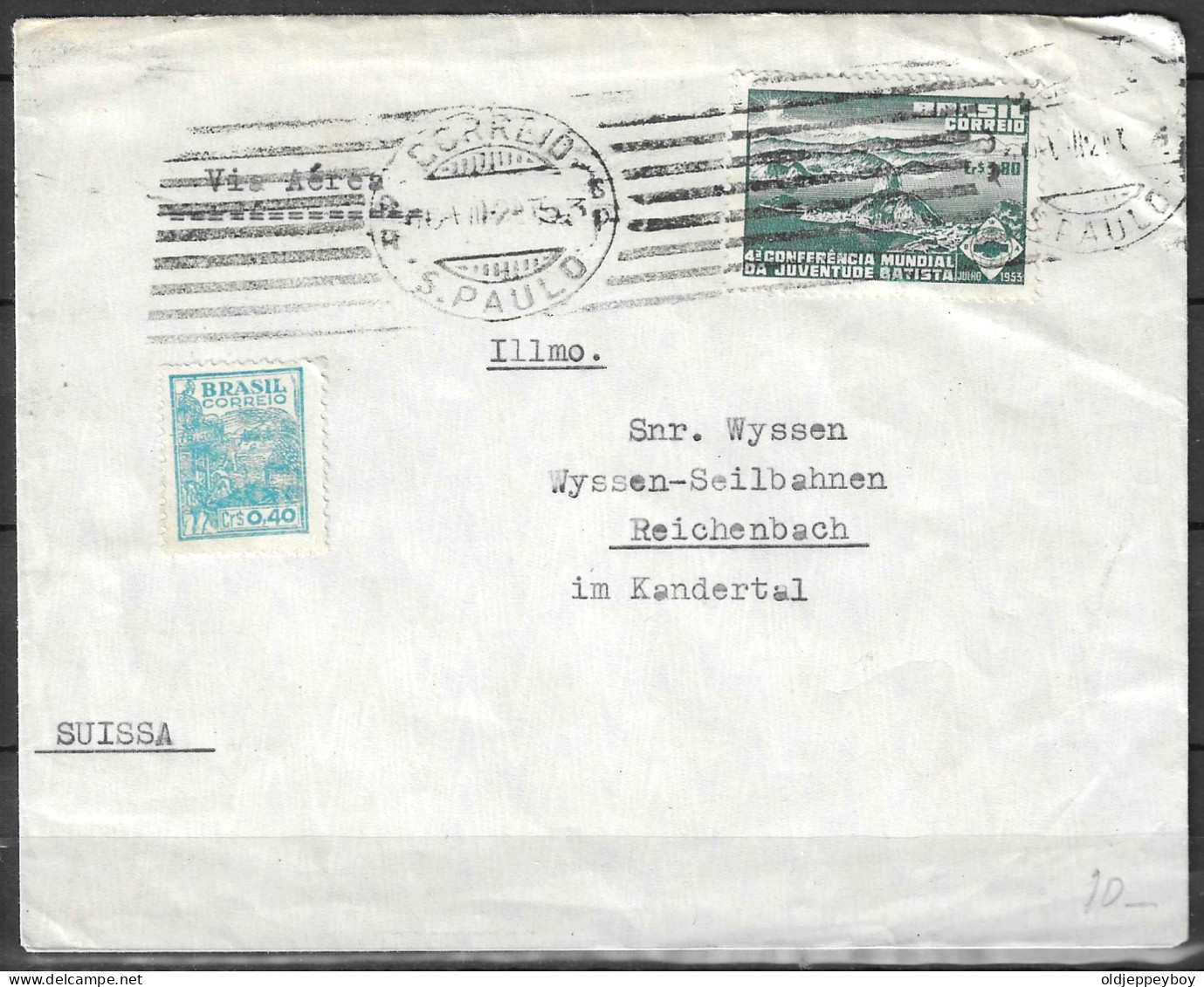 1953  Brazil Brasil Cover Envelope SÃO PAULO VIA AEREA  AIRMAIL  TO KANDERTAL  SUISSE Switzerland JUVENTUDE BATISTA - Brieven En Documenten