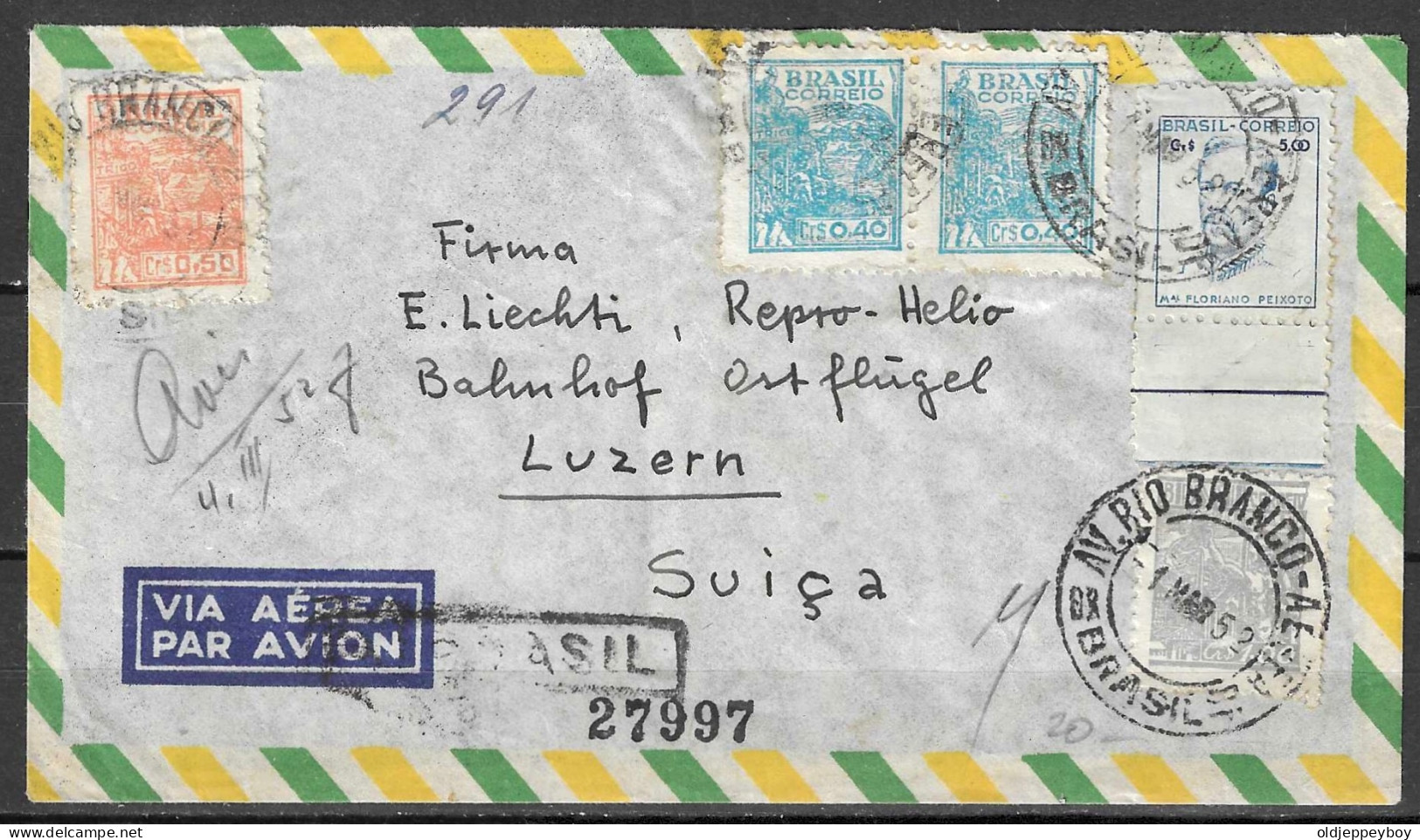 1952  Brazil Brasil Cover Envelope AV. RIO BRANCO VIA AEREA  AIRMAIL  TO LUZERN  SUISSE Switzerland  FLORIANO PEIXOTO - Lettres & Documents