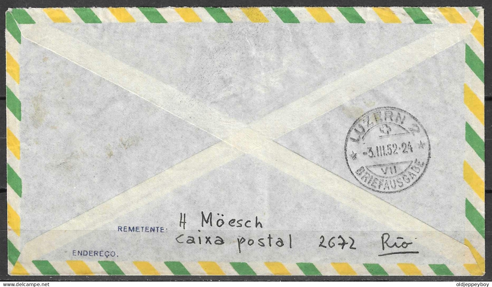 1952  Brazil Brasil Cover Envelope AV. RIO BRANCO VIA AEREA  AIRMAIL  TO LUZERN  SUISSE Switzerland  FLORIANO PEIXOTO - Lettres & Documents