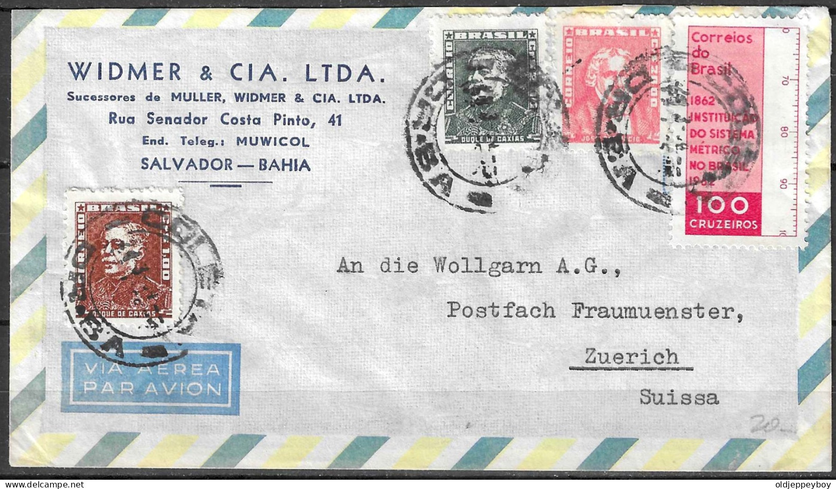 1962 Brazil Brasil Cover Envelope WIDMER & CIA BAHIA VIA AEREA  AIRMAIL TO ZURICH ZUERICH SUISSA SUISSE Switzerland   - Brieven En Documenten