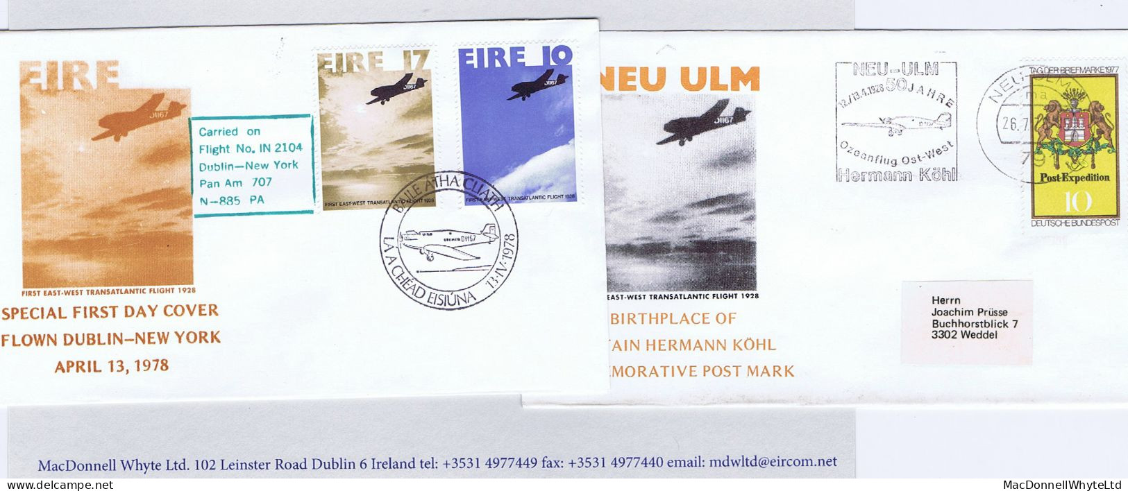Ireland Airmail 1978 Commemorative 50th Anniversary East-West Flight Cover Carried By Pan Am 707, Plus Koehl Cover - Poste Aérienne