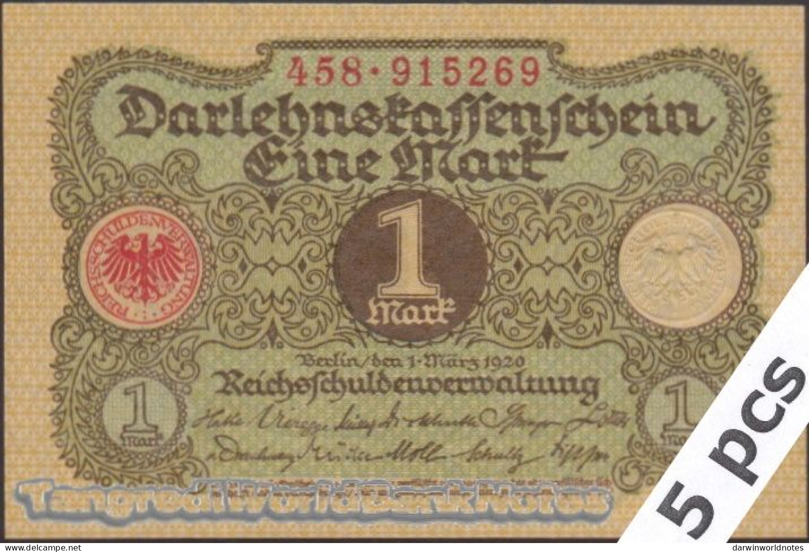 DWN - GERMANY P.58 - 1 Mark 1920 AU/UNC - Various Prefixes - DEALERS LOT X 5 - 1 Mark