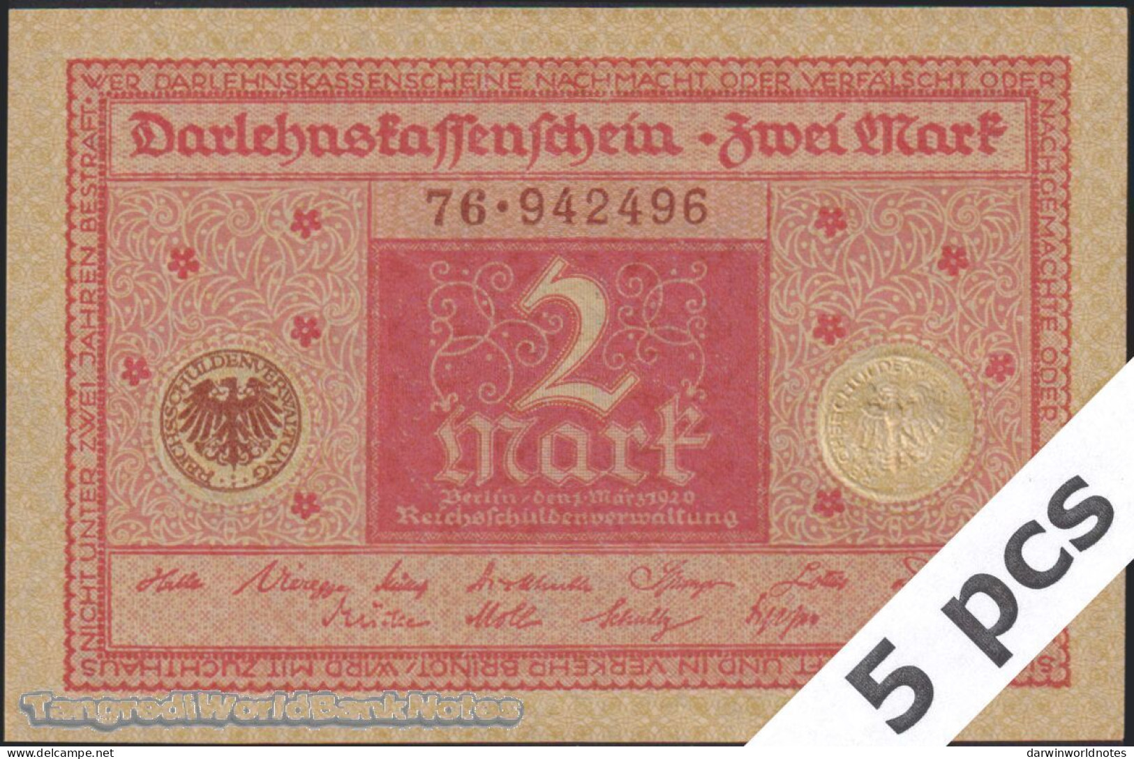 DWN - GERMANY P.59 - 2 Mark 1920 AU/UNC - Various Prefixes - DEALERS LOT X 5 - 2 Mark