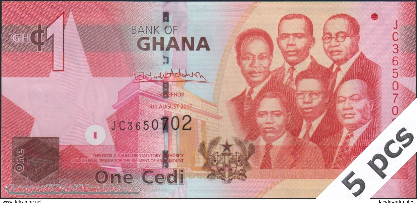 DWN - GHANA P.37g - 1 Cedi 2017 UNC - Various Prefixes - DEALERS LOT X 5 - Ghana