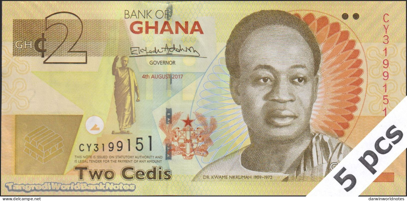 DWN - GHANA P.37Ae - 2 Cedis 2017 UNC - Various Prefixes - DEALERS LOT X 5 - Ghana