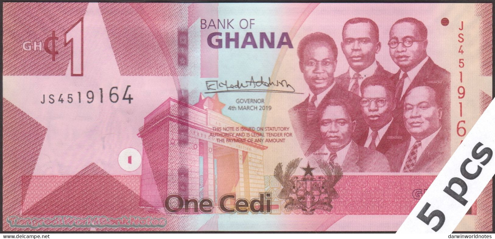 DWN - GHANA P.45 - 1 Cedi 2019 UNC - Various Prefixes - DEALERS LOT X 5 - Ghana