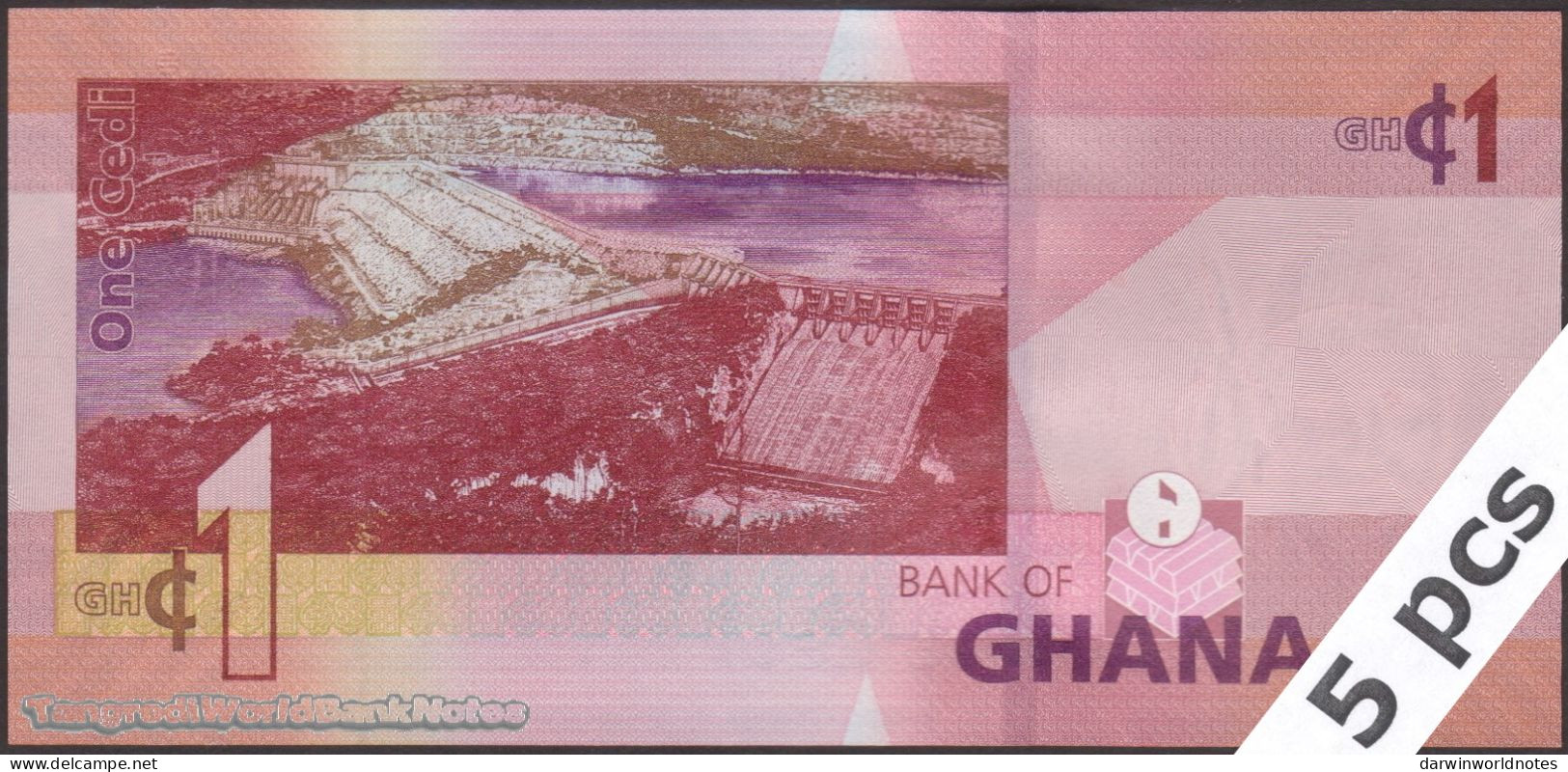 DWN - GHANA P.45 - 1 Cedi 2019 UNC - Various Prefixes - DEALERS LOT X 5 - Ghana