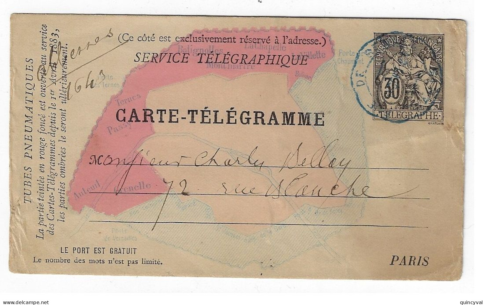 PARIS 43 Rue De Rennes 30c Chaplain Carte Postale Pneumatique Plan Paris Ouest Nord Yv 2506 Dest Abbesses - Pneumatiques