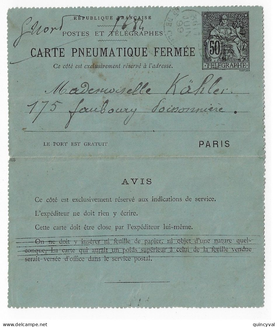 PARIS 84 D De Clichy 50c Chaplain Carte Lettre Pneumatique 3 Lignes Verso Barrées Yv 2553 Ob 17 6 1899 - Neumáticos