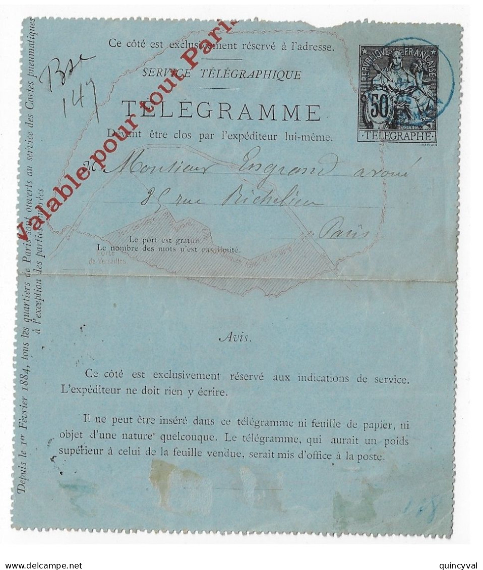 PARIS 47  50c Chaplain Carte Lettre Pneumatique VALABLE TOUT PARIS Yv 2530 Ob 6 11 1885 Dest Bourse - Pneumatiques