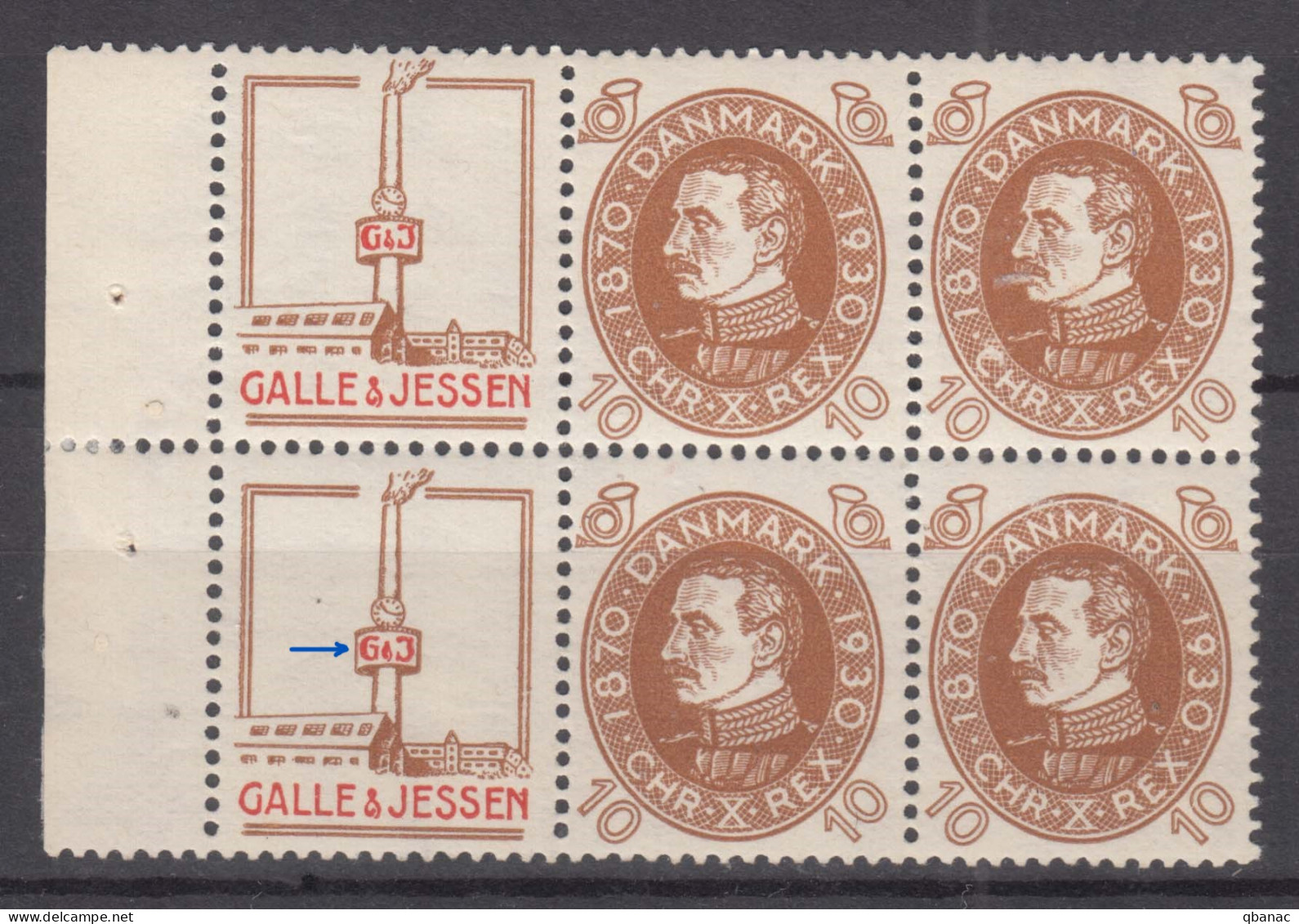 Denmark 1930/1933 Publicity Advertising AFA 41, Mint Never Hinged Piece Of 4, Error On Down Stamp 6 Instead Of G - Neufs