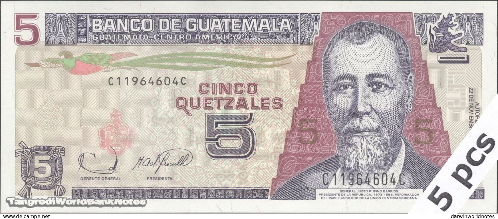 DWN - GUATEMALA P.106b - 5 Quetzales 2006 UNC - Various Prefixes - DEALERS LOT X 5 - Guatemala