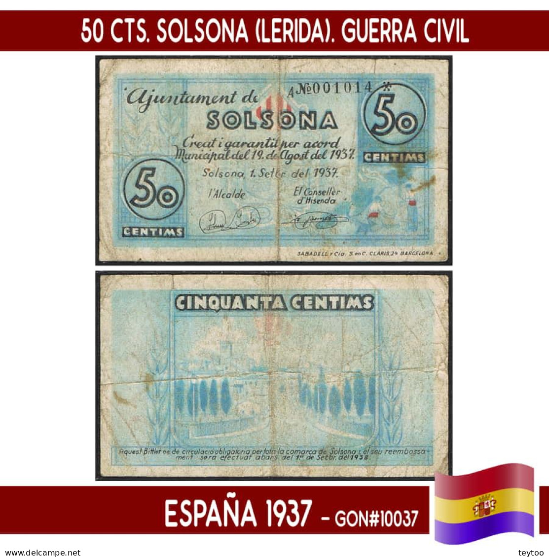C0499.1# España 1937. 50 Cts. Solsona (Lérida). Serie A (F) GON#10037 - Autres & Non Classés