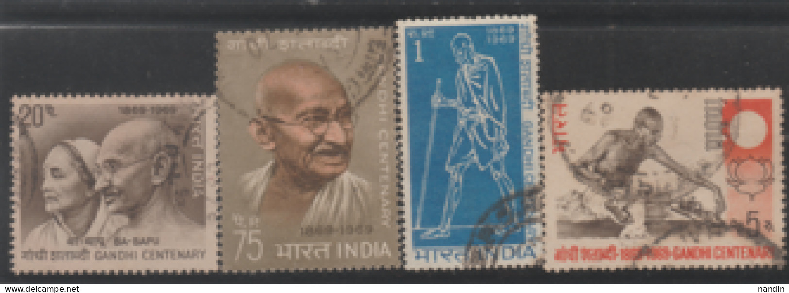 1969 USED STAMP FROM INDIA ON  BIRTH CENTENARY OF MAHATMA GANDHI/WITH WIFE,DANDI MARCH,CHARKHA,SUN LOTUS - Used Stamps