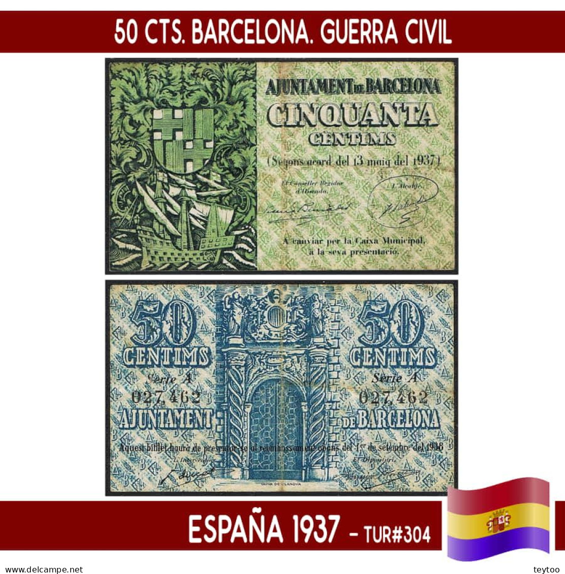 C0508.1# España 1937. 50 Cts. Barcelona. Serie A (F) TUR#304 - 1-2 Pesetas