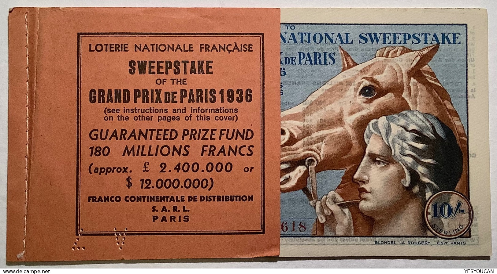 Carnet Billet De Loterie Nationale Française 1936 SWEEPSTAKE GRAND PRIX DE PARIS POUR GB&USA (lottery Tiket Horse Racing - Lottery Tickets