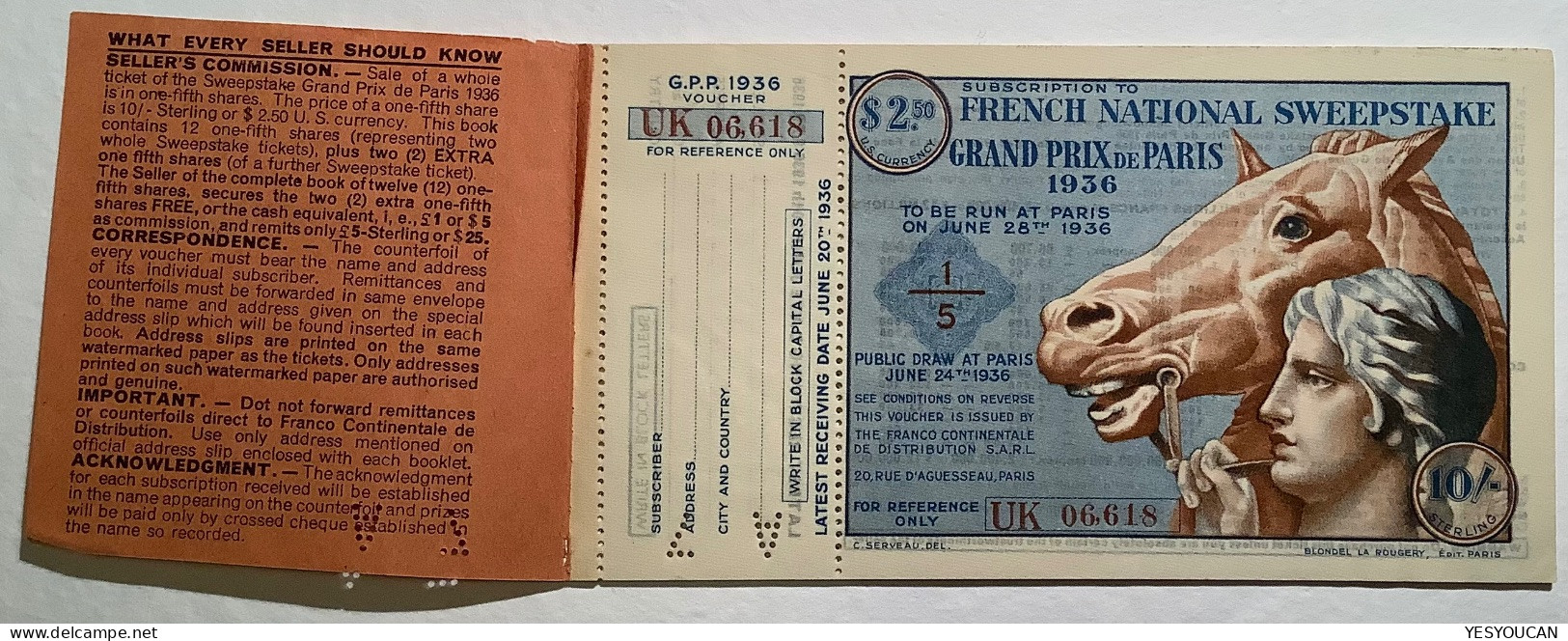 Carnet Billet De Loterie Nationale Française 1936 SWEEPSTAKE GRAND PRIX DE PARIS POUR GB&USA (lottery Tiket Horse Racing - Billets De Loterie