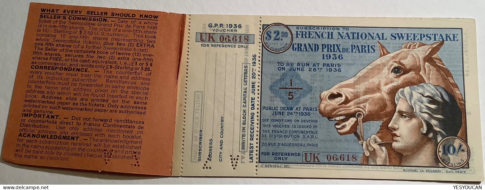 Carnet Billet De Loterie Nationale Française 1936 SWEEPSTAKE GRAND PRIX DE PARIS POUR GB&USA (lottery Tiket Horse Racing - Billets De Loterie