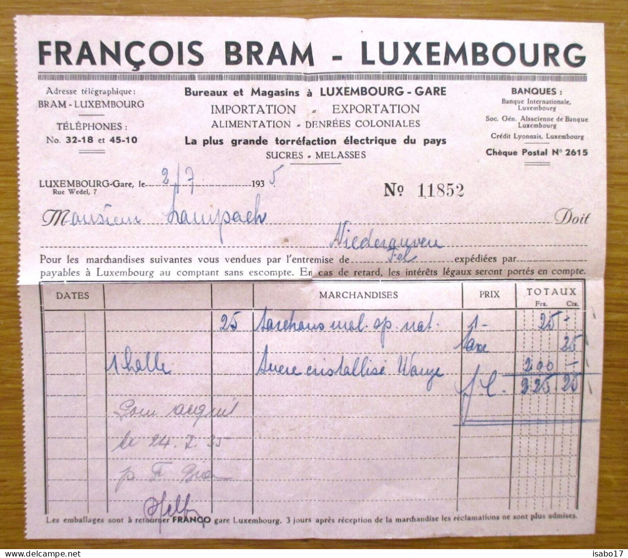 Luxembourg Ancienne Facture François BRAM Luxembourg De 1935 - Luxemburg