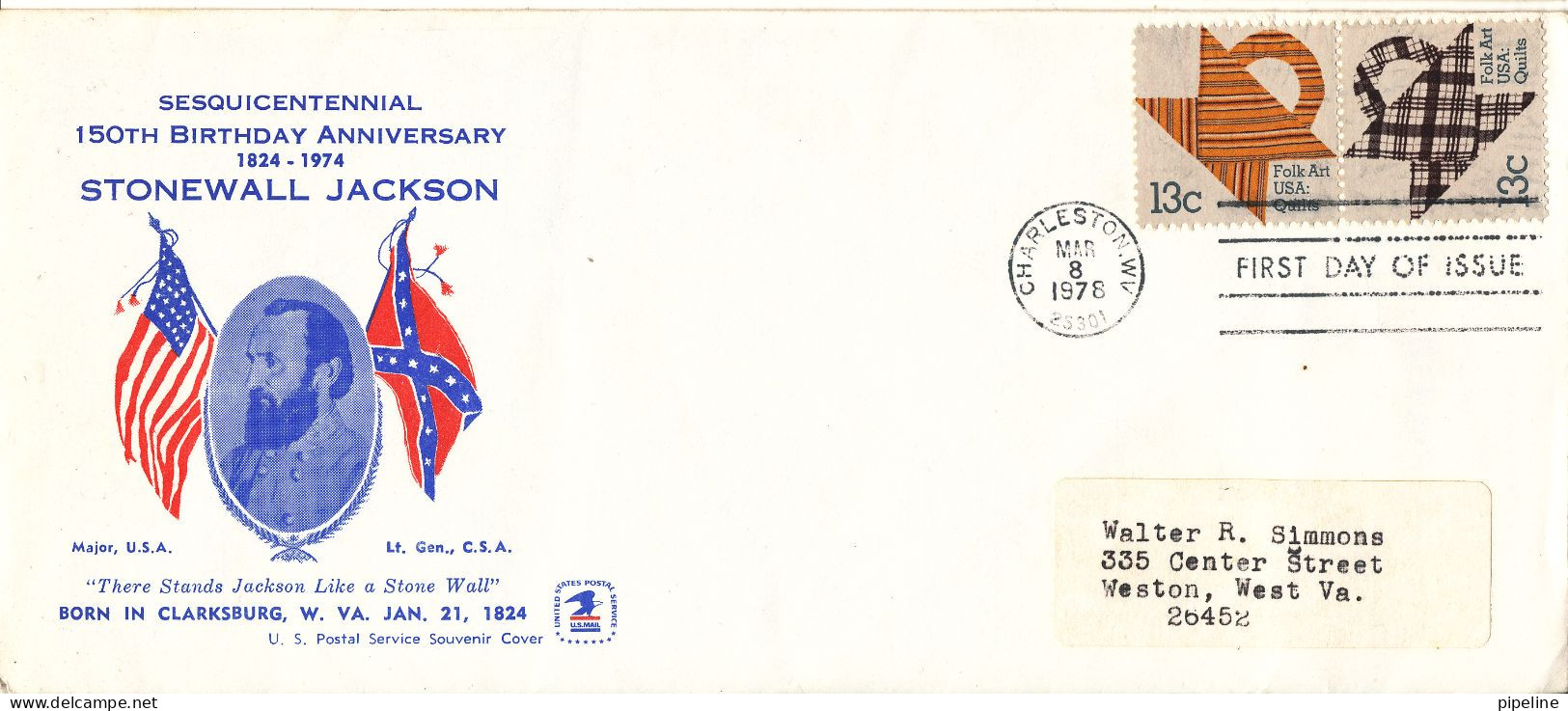 USA FDC Charlestown 8-3-1978 Sesquicentennial 1824 - 1974 Stonewall Jackson With Cachet - 1971-1980