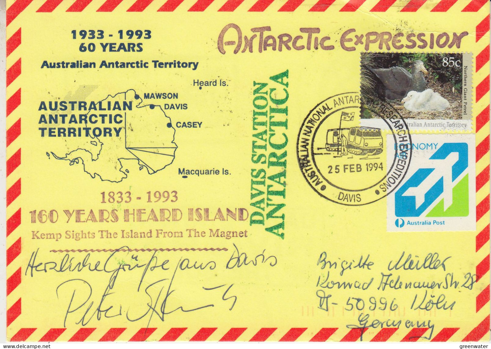 AAT 160Y Heard Island Signature Sprunk Ca Davis 25 FEB 1994 (ET186D). - Cartas & Documentos