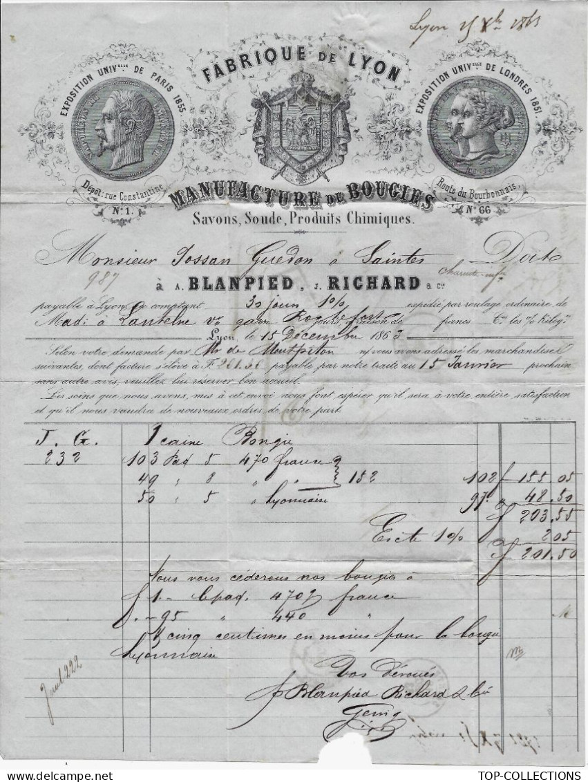 1863  LYON MANUFACTURE De Bougies Savons Soude  Produits Chimiques Blanpied Richard Pour Saintes Josan Guedon  V.SCANS - 1800 – 1899