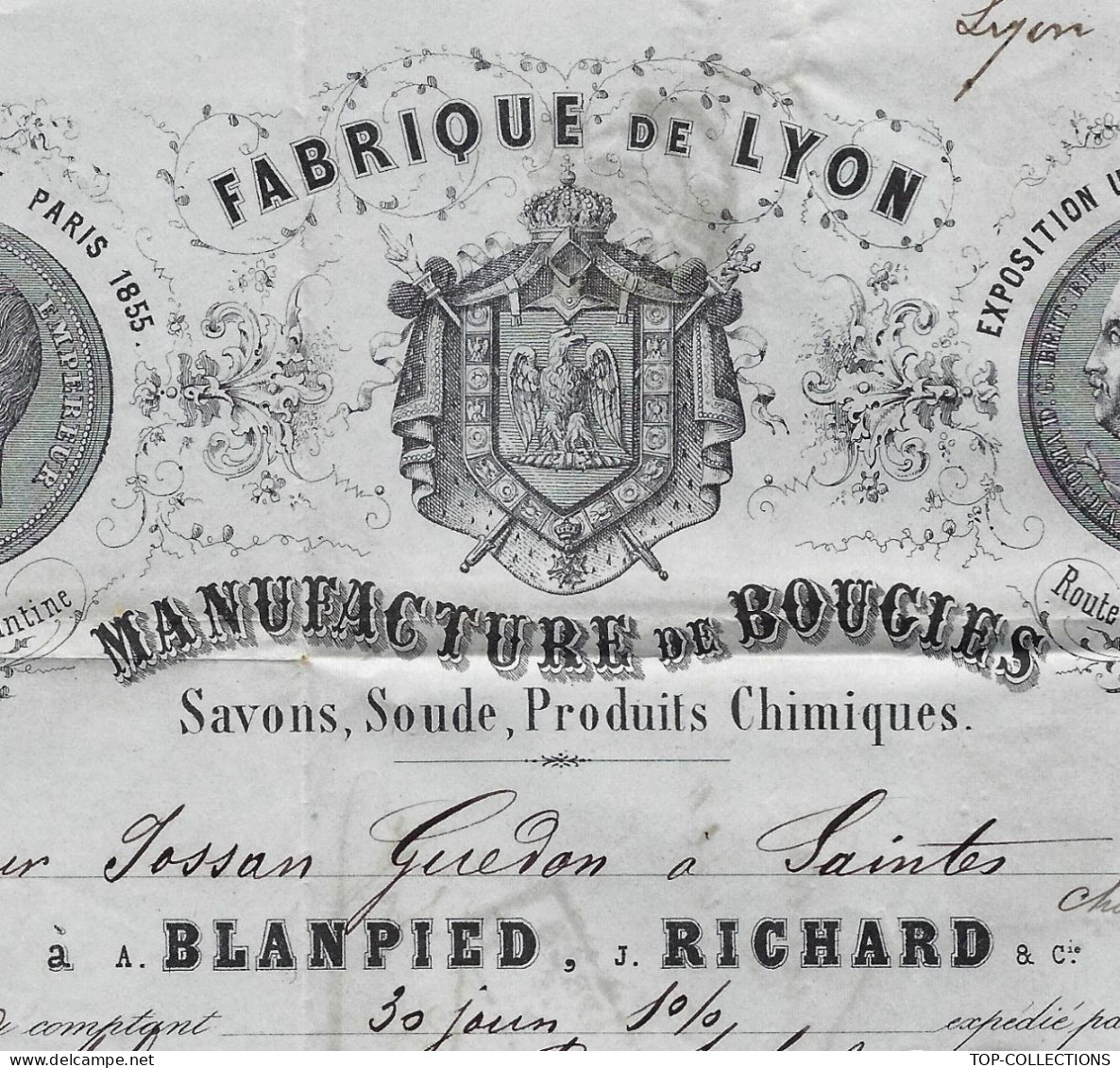 1863  LYON MANUFACTURE De Bougies Savons Soude  Produits Chimiques Blanpied Richard Pour Saintes Josan Guedon  V.SCANS - 1800 – 1899