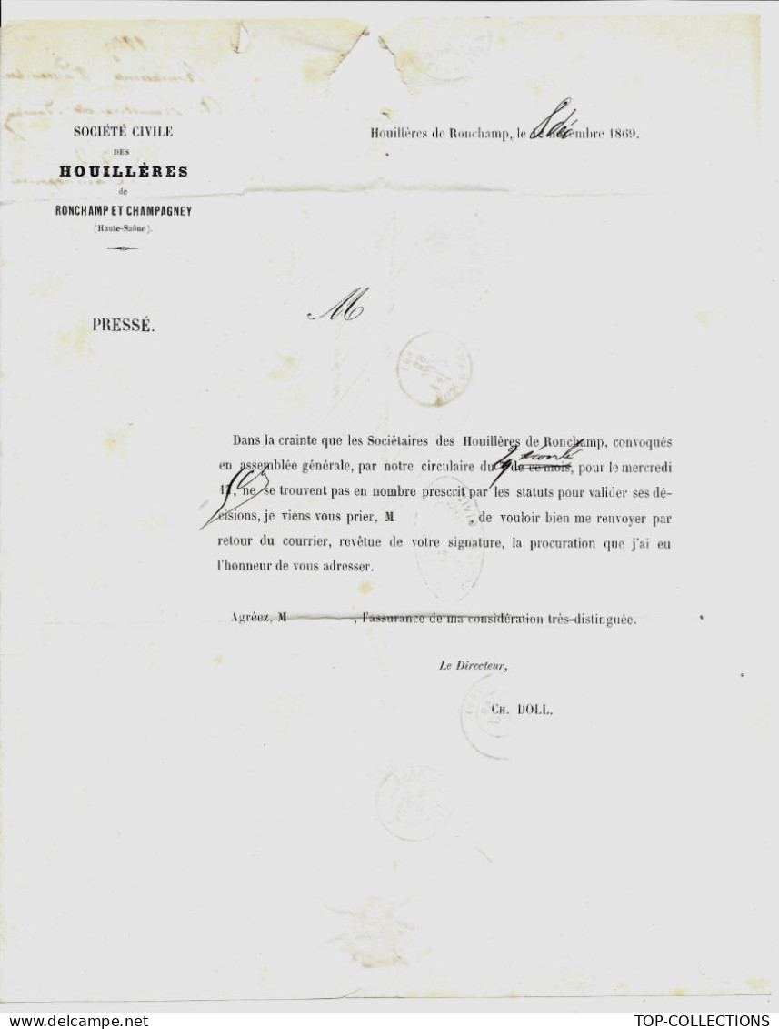 1869 ENTETE SOCIETE CIVILE DES HOUILLERES DE RONCHAMP ET CHAMPAGNEY Haute Saone => Guebwiller Haut Rhin Schlumberger - 1800 – 1899