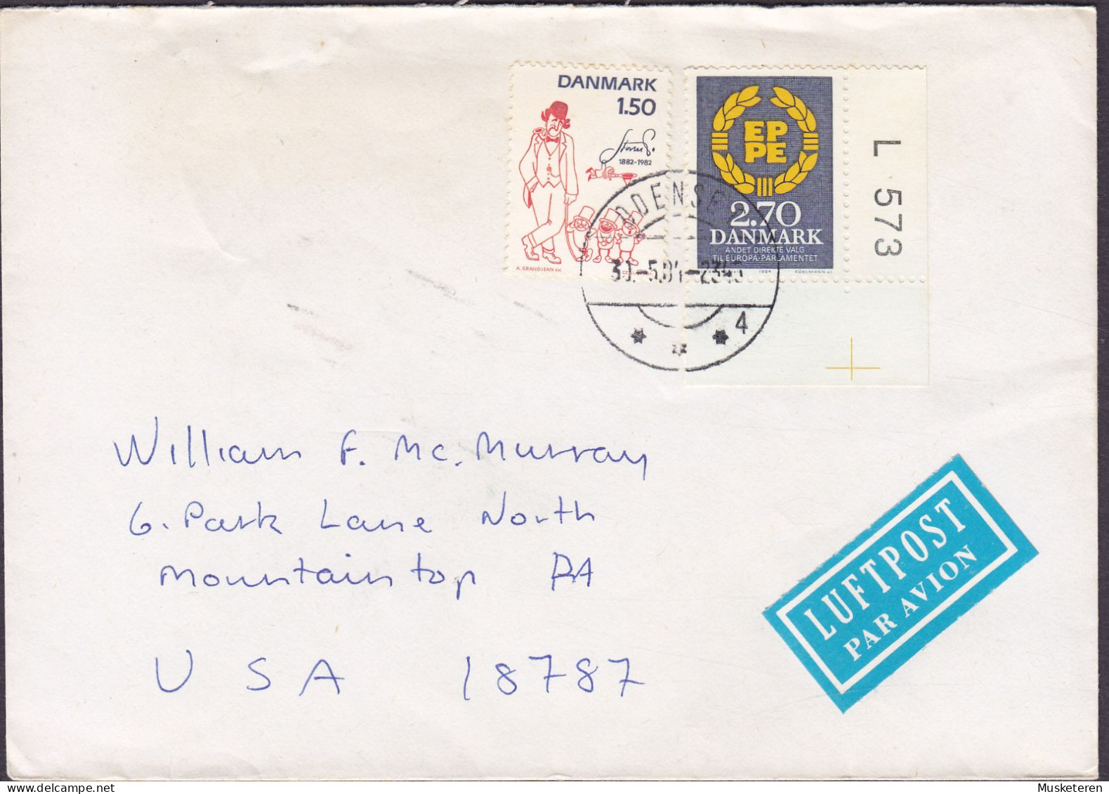 Denmark LUFTPOST Label Brotype ODENSE C. (Sn.4) 1984 Cover Brief MOUNTAINTOP Pennsylvania United States (Cz. Slania) - Lettres & Documents