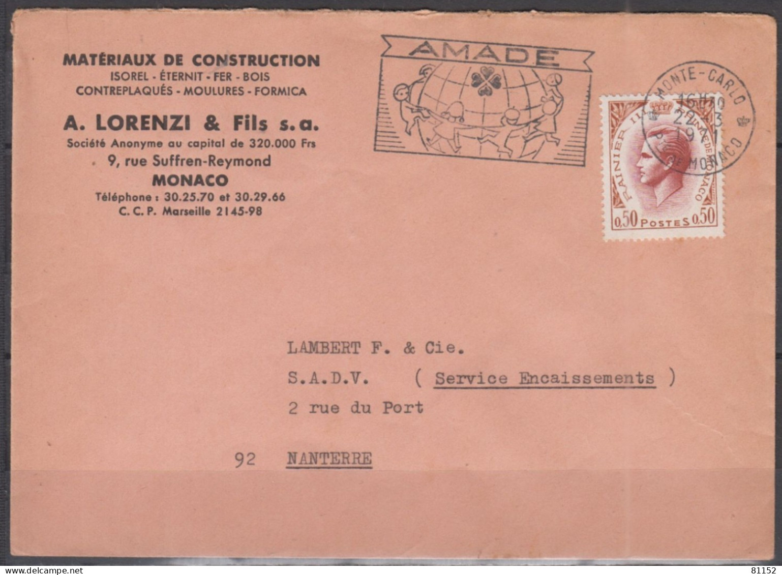 MONACO  Rainier III  50c  SEUL  Sur Lettre Pub  " Matériaux De Construction "  Le 22 3 1971 Pour 92 NANTERRE - Covers & Documents