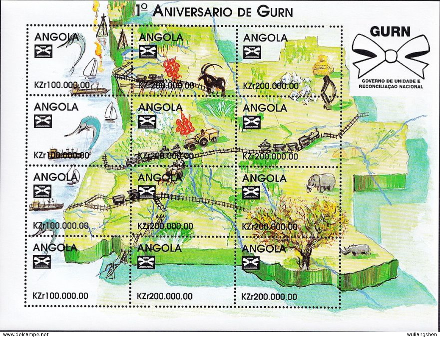 "CB0202 Angola 1998 National Reconciliation Government Anniversary Animal Train And Map S/S " MNH - Angola