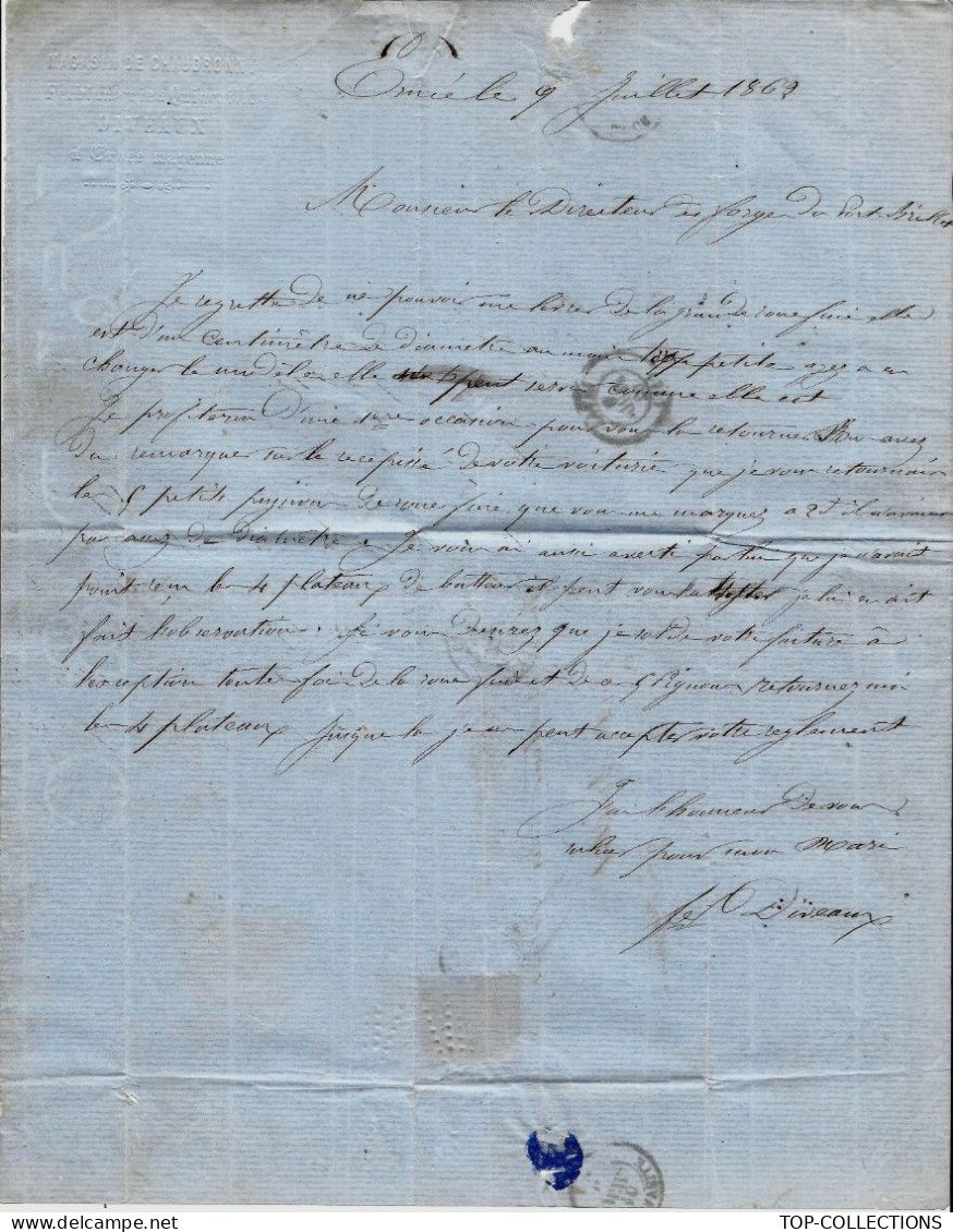 1862 TIMBRE EMPIRE Non Dentelé  Oblitéré Ernée DIVEAUX Chaudronnerie => Forges  Port Brillet Près Laval Mayenne V.SCANS - 1800 – 1899