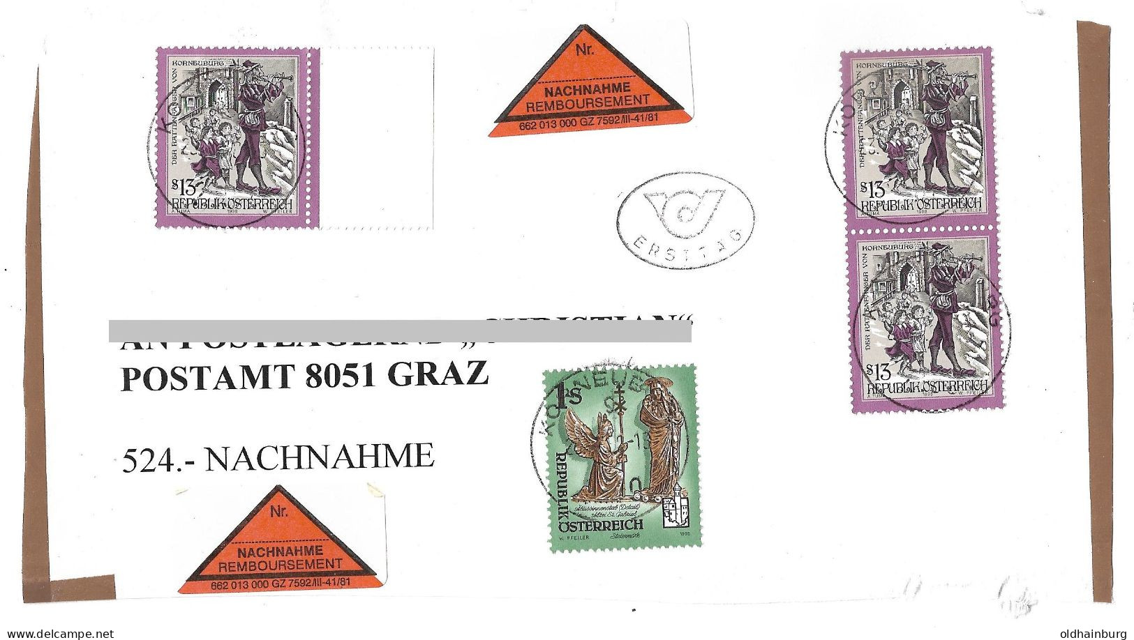 0408u: Briefvorderseite Einer Verweigerten Nachnahmesendung 1998. FDC- Topfrankatur Sagen & Legenden 13.- ÖS - Abarten & Kuriositäten