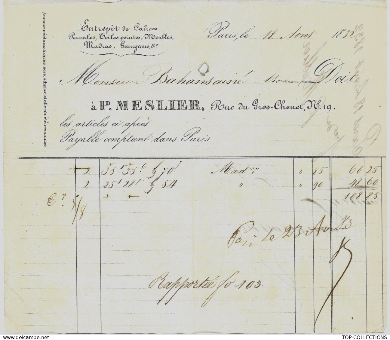 1832 ENTETE FACTURE Paris P. Meslier  Calicos Percales Toiles Peintes Madras Pour Bahan Ainé à Bordeaux V.SCANS - 1800 – 1899