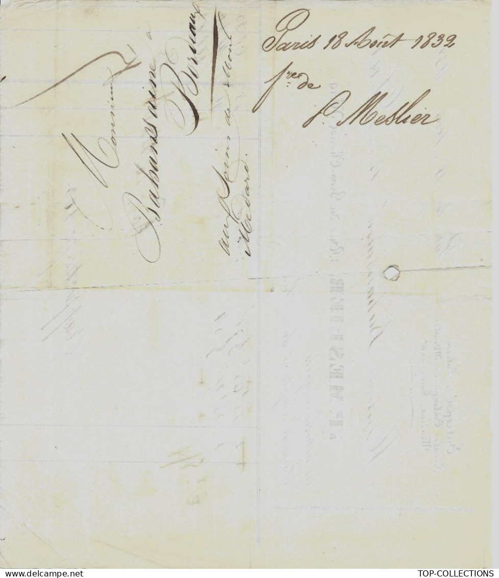 1832 ENTETE FACTURE Paris P. Meslier  Calicos Percales Toiles Peintes Madras Pour Bahan Ainé à Bordeaux V.SCANS - 1800 – 1899