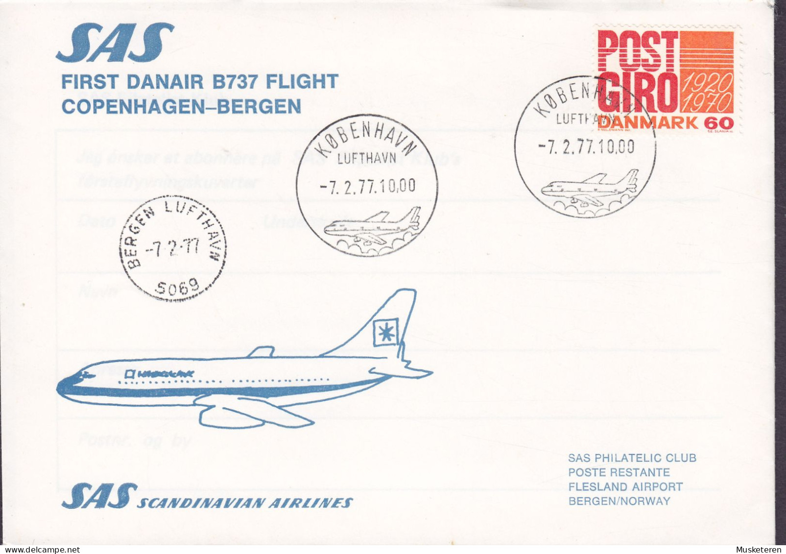 SAS First DANAIR B737 Flight COPENHAGEN-BERGEN Norway Brotype KØBENHAVN LUFTHAVN 1977 Cover Brief (Cz. Slania) - Posta Aerea