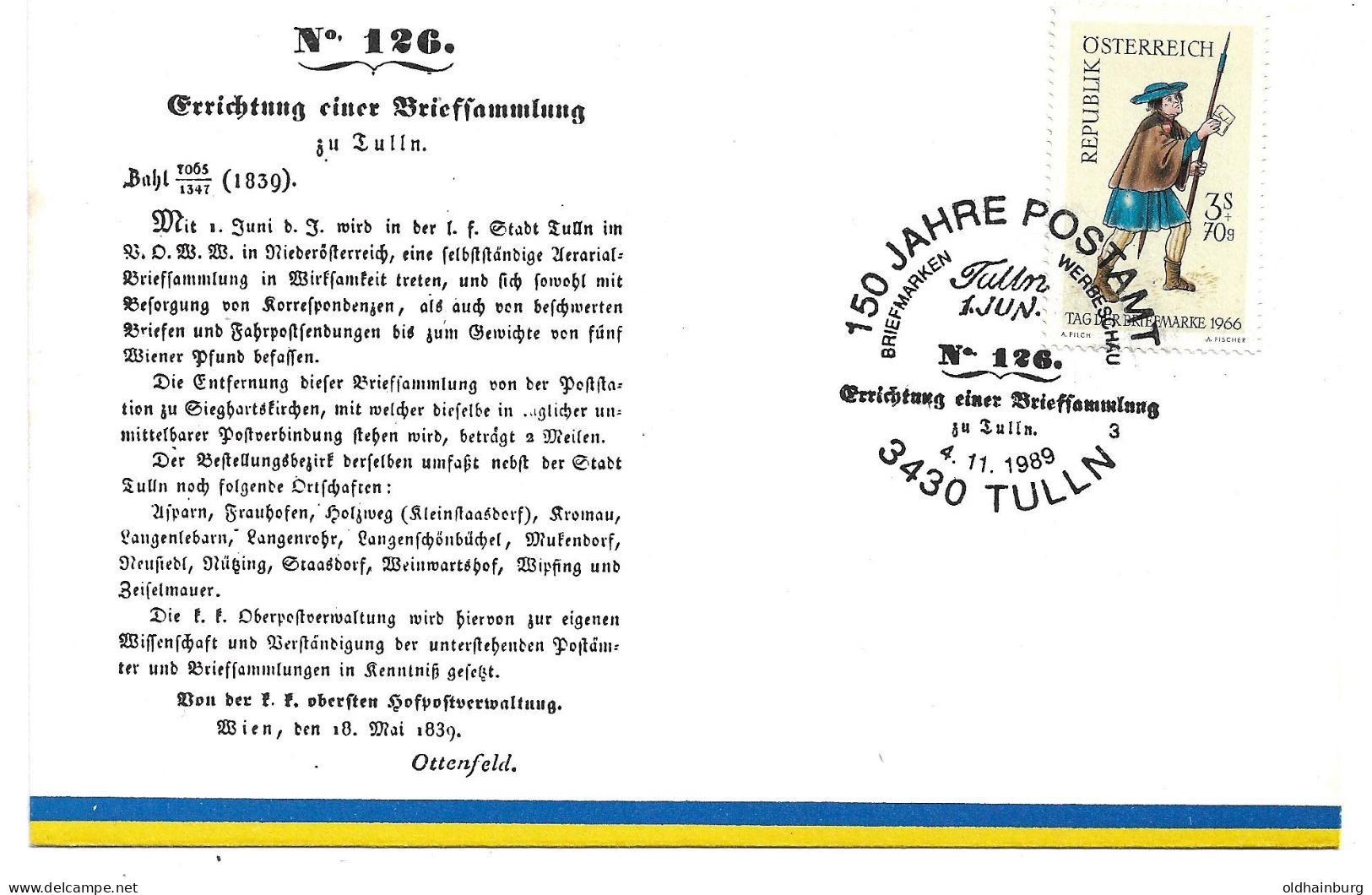 0408a: Jubiläumsbeleg 150 Jahre Postamt 3430 Tulln, Sonderstempel 4.11.1989 - Tulln